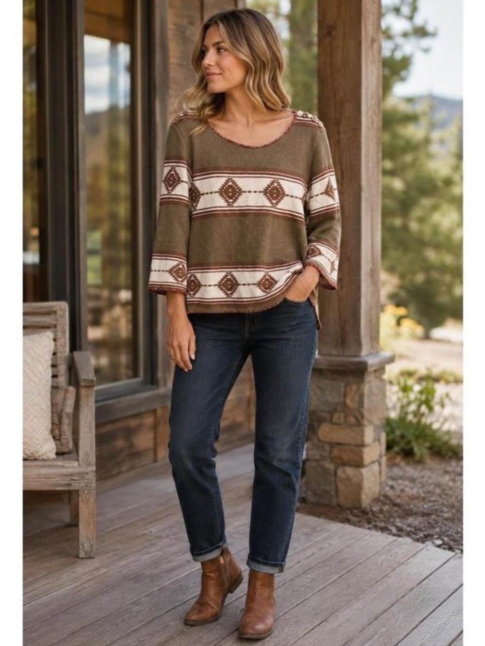 RVCA Southwestern Aztec Print Geometric Blanket Stitch Pullover Boho Sweater